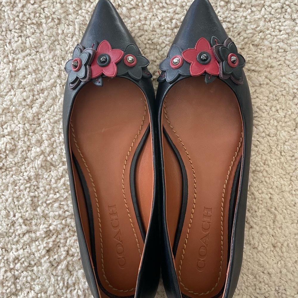 Coach black, floral appliqué flats. Worn once!